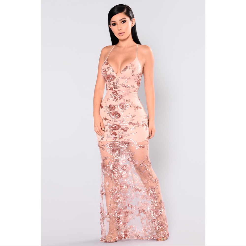Rose gold sequin illusion hem gown